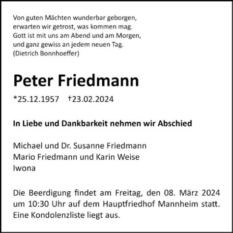 Traueranzeigen Von Peter Friedmann Trauerportal Ihrer Tageszeitung