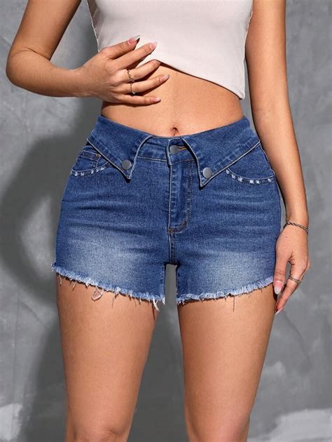 Shein Ezwear Shorts De Mezclilla Lavados Con Cintura Plegada Y