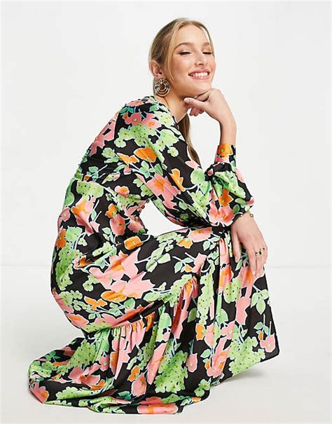 Asos Design Satin Button Front Maxi Tea Dress In Abstract Floral Print