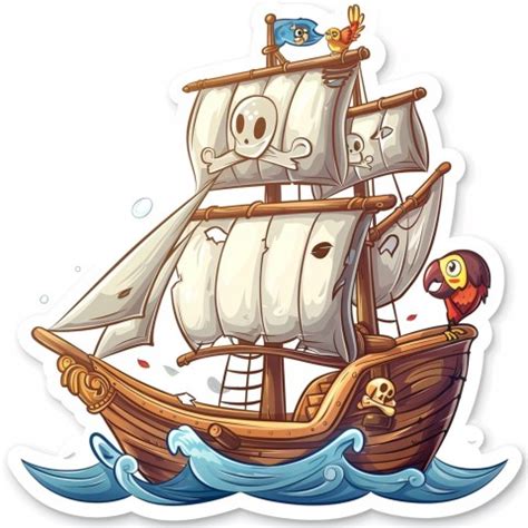 Cute Kawaii Stickers Adventurous Pirate Ship With Cheeky Parrot On