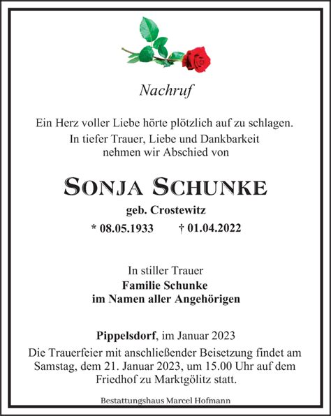 Traueranzeigen Von Sonja Schunke Trauer In Thueringen De