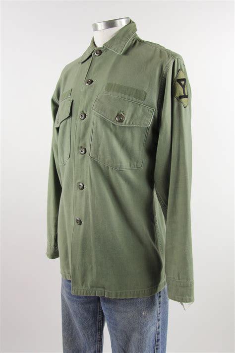 Men's Military Shirt Vintage Green Army Long Sleeve Distressed Shirt ...