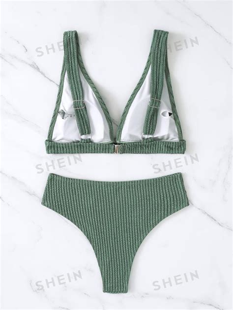 SHEIN Swim Basics Ribbed Bikini Set Buckle Back Tank Bra High Waisted