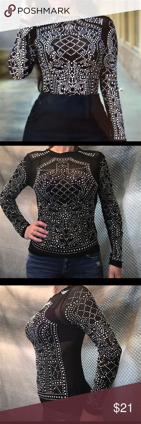 Rhinestone Embellished Sheer Longsleeve Top L M Clothes Design