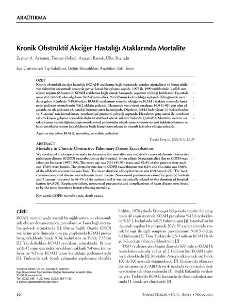 Pdf Kronik Obstr Ktif Akcier Hastal Ataklarnda Mortalite