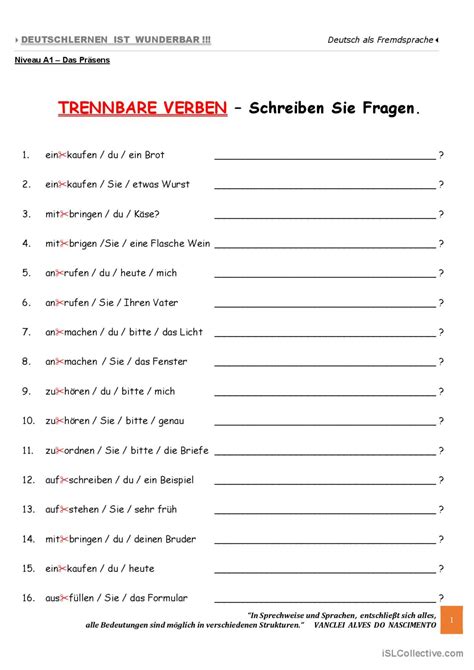 A Das Pr Sens Trennbare Verben Deutsch Daf Arbeitsbl Tter Pdf Doc