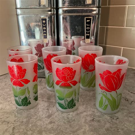 Vintage Frosted Drinking Glasses With Red Flowers And Green Leaves Etsy