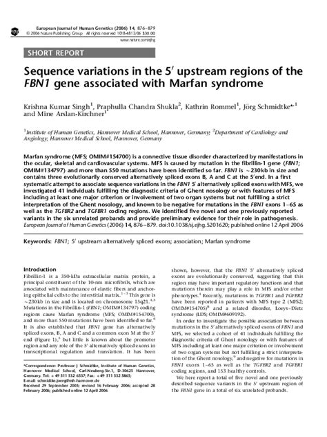 Pdf Sequence Variations In The 5′ Upstream Regions Of The Fbn1 Gene Associated With Marfan