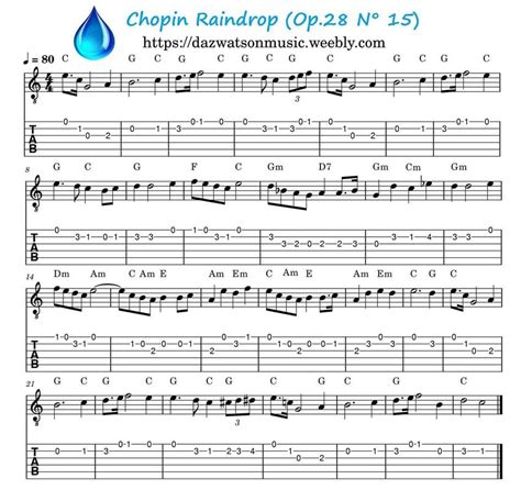 Chopin Raindrop Prelude Op 28 No 15 Easy Guitar Tab In 2022 Easy