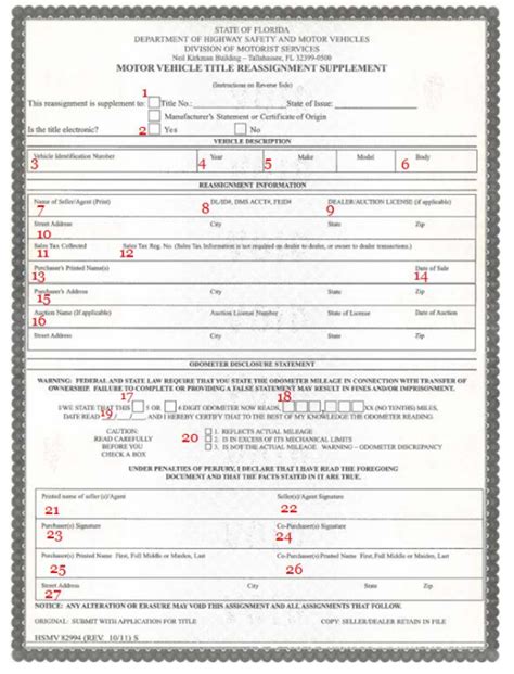 Form 82994 Motor Vehicle Title Reassignment Supplement Pinellas