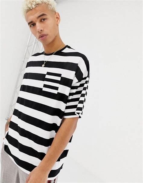 Asos Design Oversized Striped T Shirt With Contrast Stripe Chest Pocket