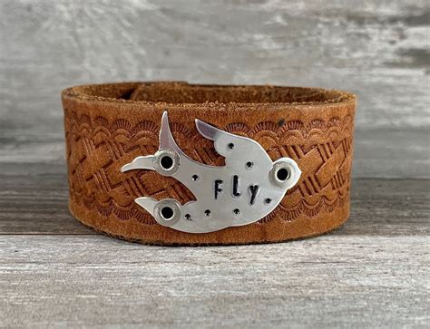 Fly Hand Stamped Leather Cuff Bracelet Recycled Belt Cuff Etsy