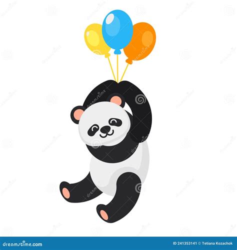 Vector Flat Style Panda Holding Colorful Balloons Stock Vector