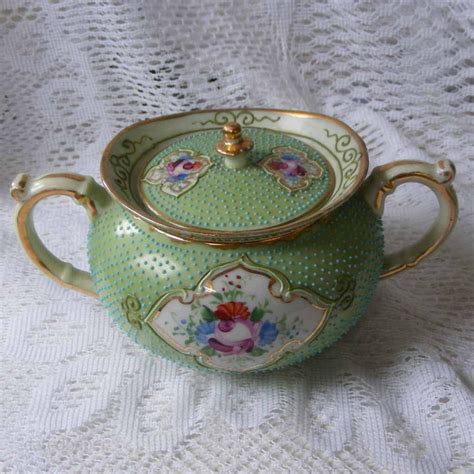 Beautiful Vintage Green Sugar Bowl W Applied Aqua Polka Dots And Hand