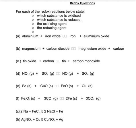 Solved Redox Questions For Each Of The Redox Reactions Below Chegg