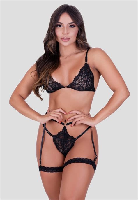 Conjunto De Lingerie Mdmix Cinta Liga E Perneira Sem Bojo Preto