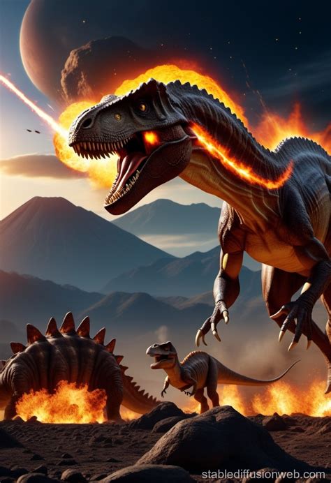 Visualize An Asteroid Impact With A Fiery Explosion Over A Dinosaur