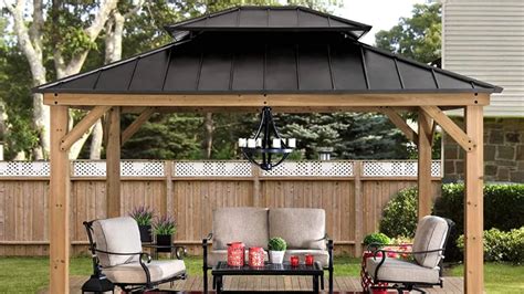 Sunjoy Outdoor Patio 11×11 Black 2 Tier Wooden Frame Backyard Hardtop Gazebo With Ceiling Hook