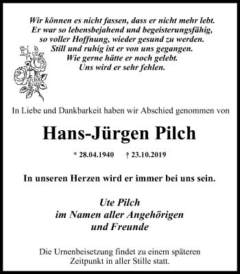 Traueranzeigen von Hans Jürgen Pilch Trauer in NRW de