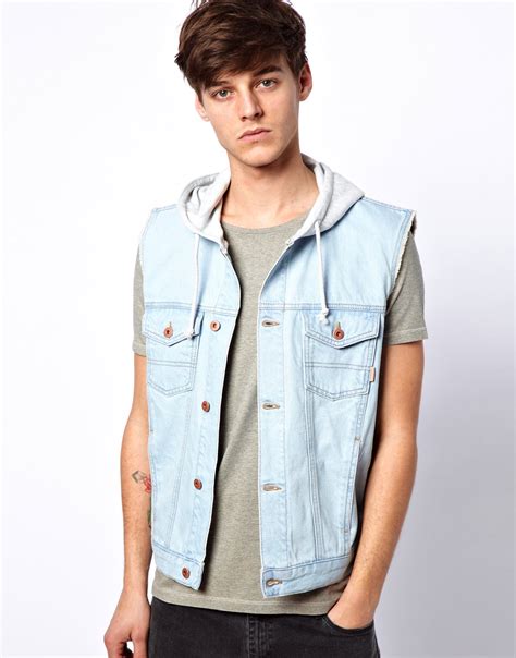 Lyst Asos Sleeveless Denim Jacket With Hood In Blue For Men