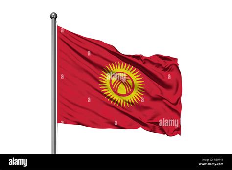 Flag Of Kyrgyzstan Waving In The Wind Isolated White Background