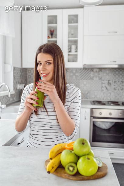 Diet Healthy Eating Woman Drinking Fresh Raw Green Detox Vegetable