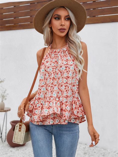 Shein Priv Blusa Con Estampado Floral Con Cord N Trasero Bajo Con