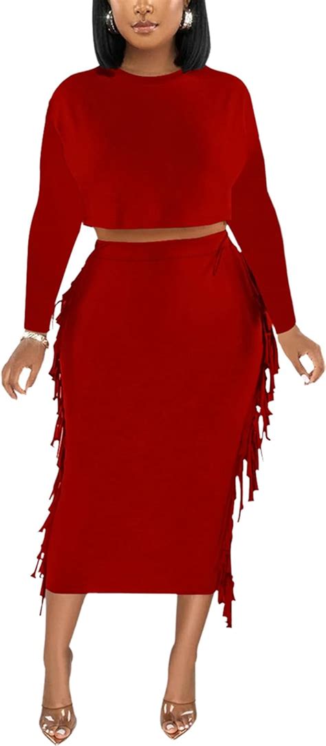 Moeencn 2 Piece Skirt Outfits For Women Sexy Crop Top Ruched Fringe Bodycon Maxi Dresses Sets