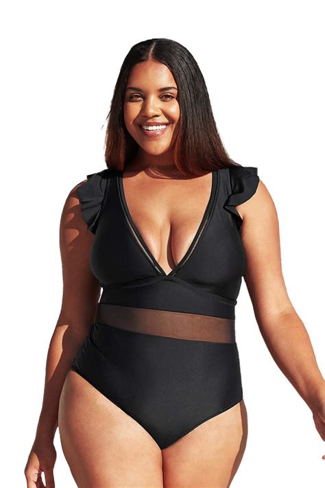 Cupshe Cupshe Womens One Piece Plus Size Black V Neck Ruffle Mesh