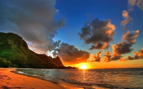 Sunset on beach beside mountain HD wallpaper | Wallpaper Flare