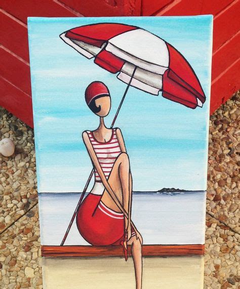 Tableau Original La Baigneuse Bleu Mer Parasol Ballon De Plage