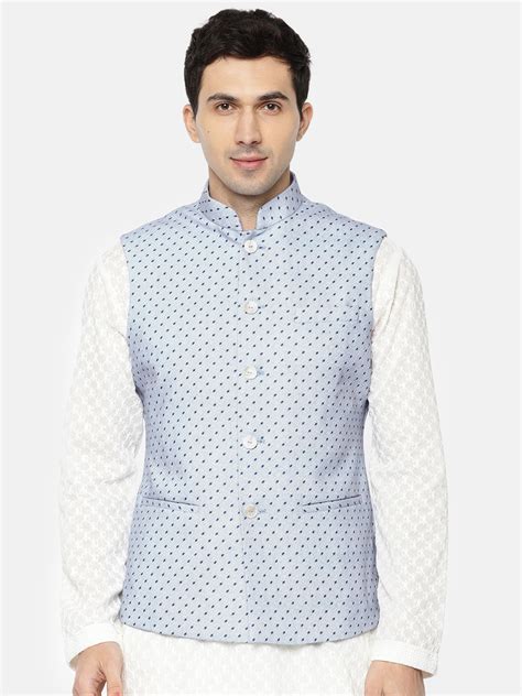 Buy Ethnix By Raymond Men Blue And White Printed Pure Cotton Nehru Jacket - Nehru Jackets for ...