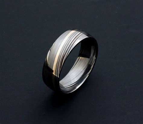 Genuine Stainless Damascus Steel And 18k Yellow Gold Mens Ring Etsy