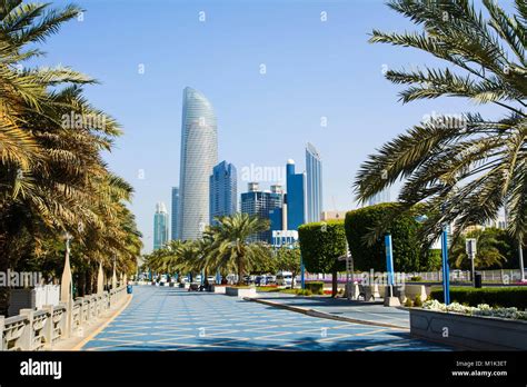 Abu Dhabi Corniche Walking Area With Landmark View Of Modern Buildings