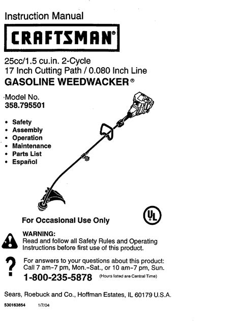 Craftsman 358795501 User Manual WEEDWACKER Manuals And Guides L0405106