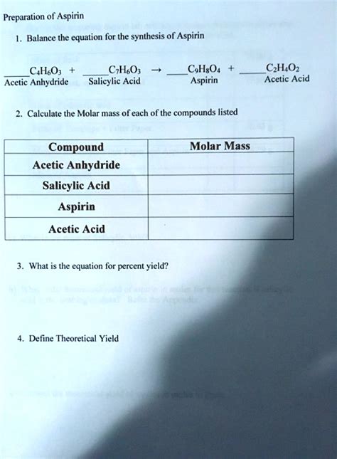 Solved Preparation Of Aspirin Balance The Equation For The Synthesis