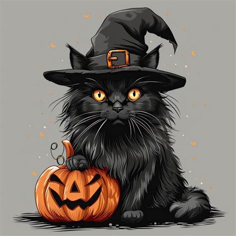 Premium Photo Black Cat Wearing Witches Hat Holding Pumpkin