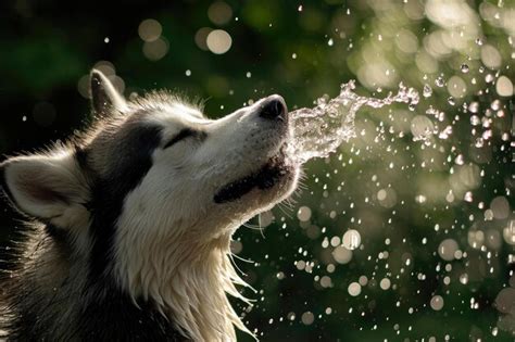 Premium Ai Image Closeup Canine Choreography Siberian Husky And Water