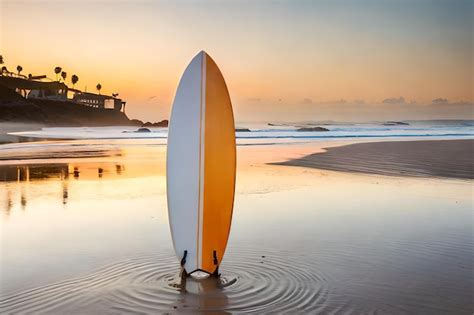 Premium Photo | A surfboard on the beach with a sunset in the background