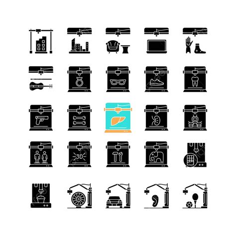 A Collection Of Black Glyph Icons Depicting 3d Printing Technology On A