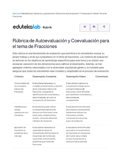 R Brica De Autoevaluaci N Y Coevaluaci N Para El Tema De Fracciones