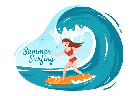 Summer Surfing Of Water Sport Activities Cartoon Illustration With