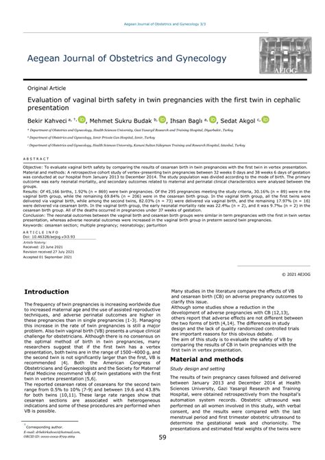 Pdf Evaluation Of Vaginal Birth Safety In Twin Pregnancies With The