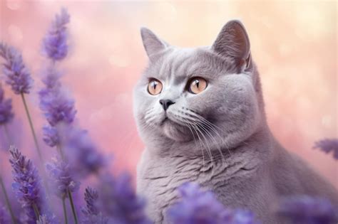 Premium AI Image | a painting of a British Shorthair cat with lavender with whimsical ethereal ...