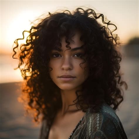 Premium Ai Image A Woman With Curly Hair Stands On A Beach