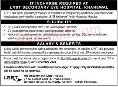 Lrbt Secondary Eye Hospital Jobs In Khanewal December Apply Online