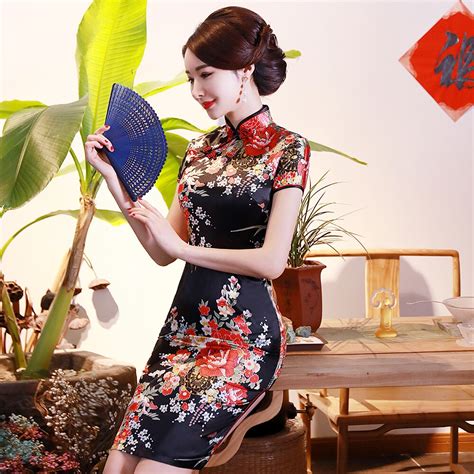 Chinese Traditional Women Qipao Elegant Print Peacock Cheongsam Vintage Mandarin Collar Chinese