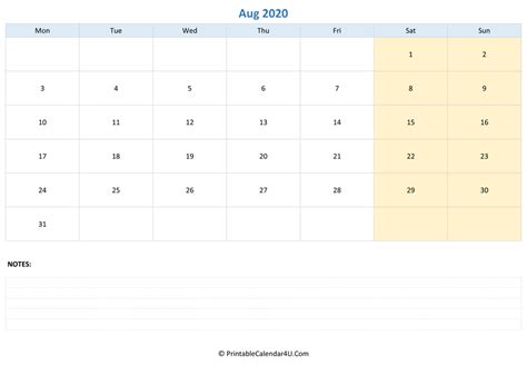 August 2020 Calendar Templates