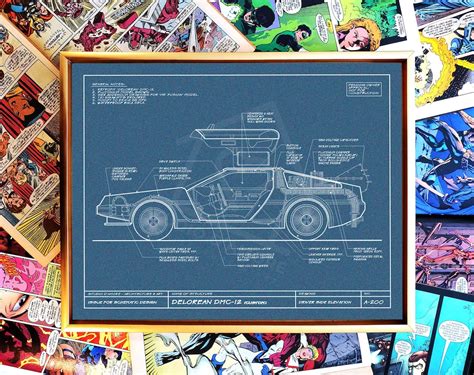 Delorean DMC Time Machine Architectural Art Blueprint, Delorean Art ...