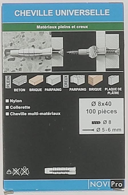 NOVIPRO Cheville nylon pour matériaux pleins et creux diamètre 8 x 40